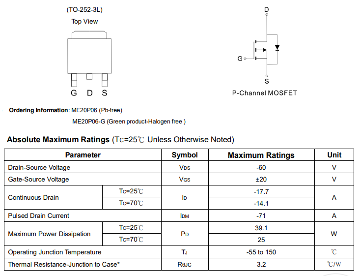 P沟道ME20P06-G-60V(D-S)MOSFET