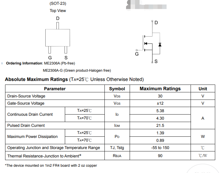 台湾松木P沟道MOS管ME2306A / ME2306A-G产品规格书