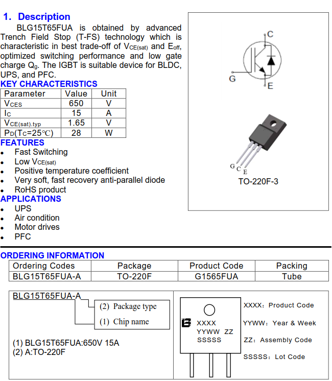 上海贝岭BLG15T65FUA绝缘栅双极晶体管（IGBTs）规格书